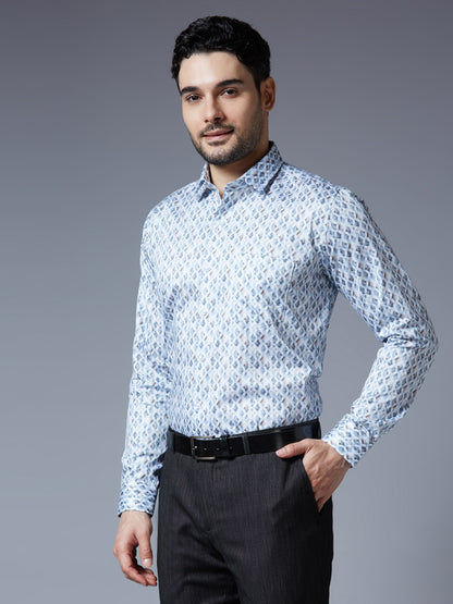 Kompanion Men's Blue Printed Smart Fit Cotton Shirt