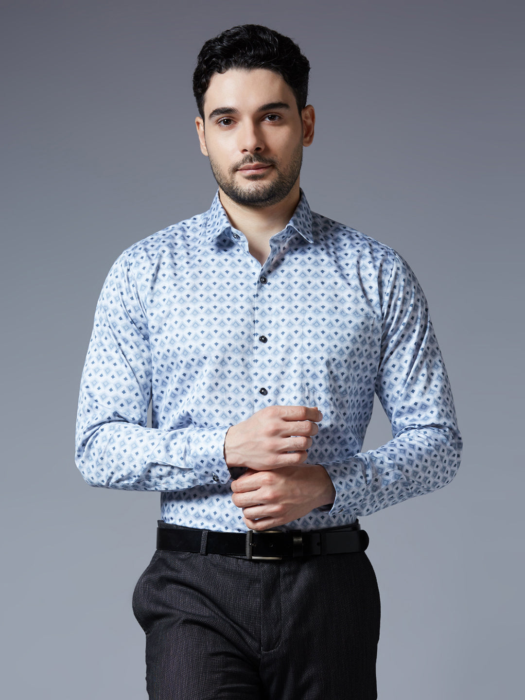 Kompanion Men's Dark Blue Printed Smart Fit Cotton Shirt