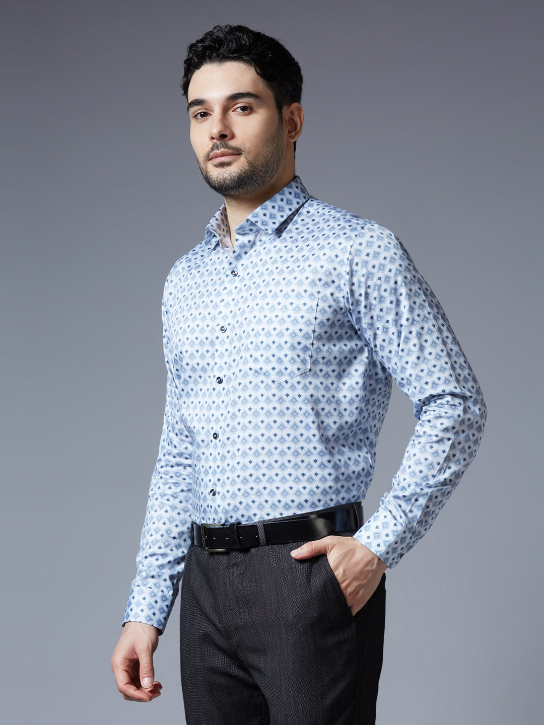 Kompanion Men's Dark Blue Printed Smart Fit Cotton Shirt