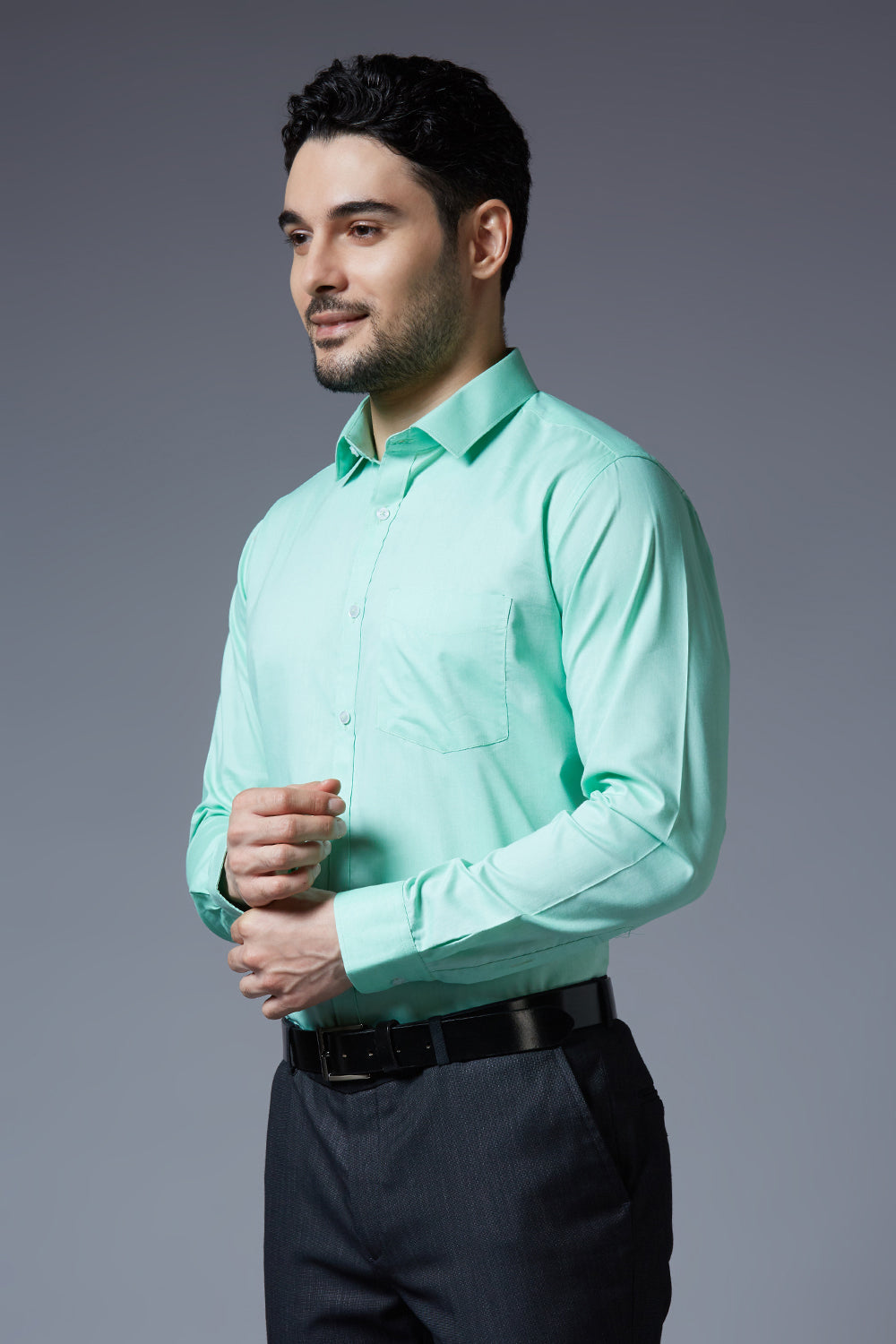 Men's Sea Green Office Wear Long Sleeves Solid Shirt - Allen Brown