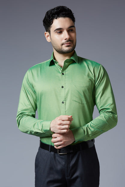 Men's Parrot Green Office Wear Long Sleeves Solid Shirt - Allen Brown