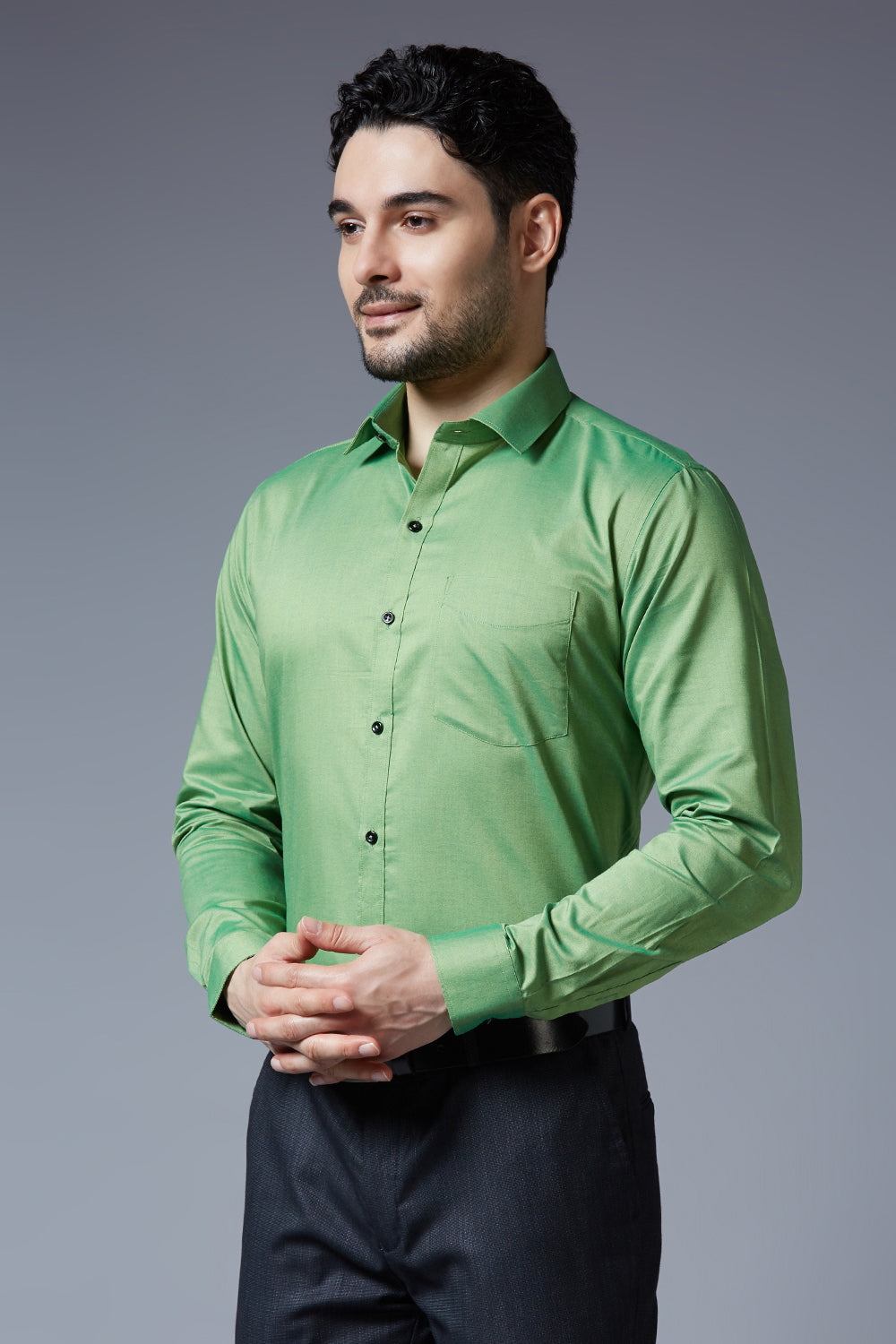 Men's Parrot Green Office Wear Long Sleeves Solid Shirt - Allen Brown