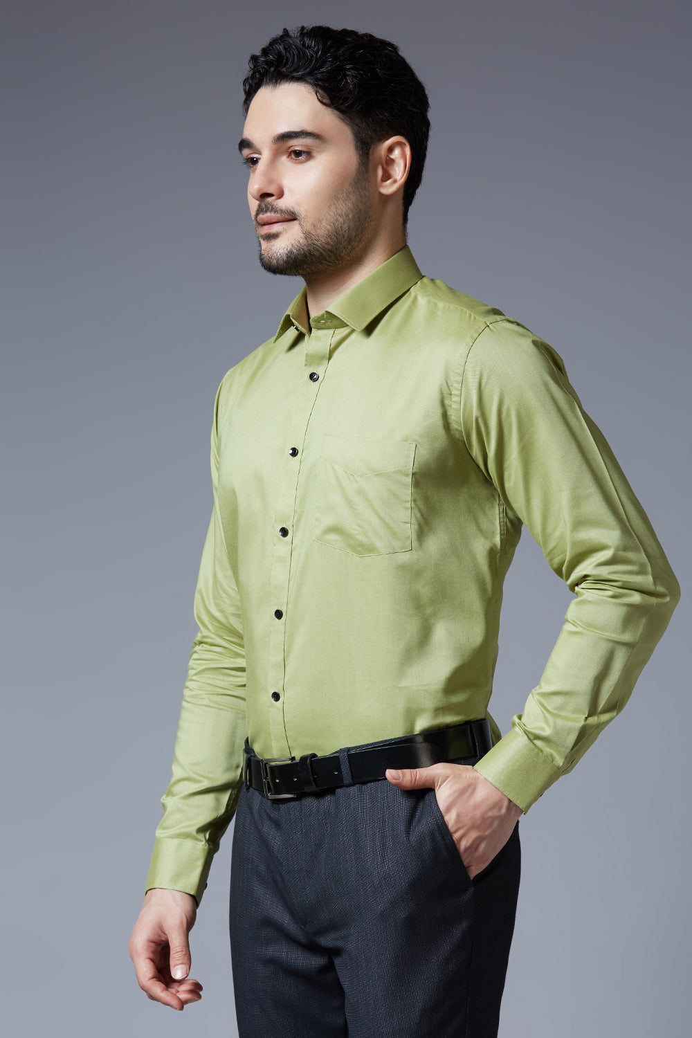 Men's Light Green Office Wear Long Sleeves Solid Shirt - Allen Brown