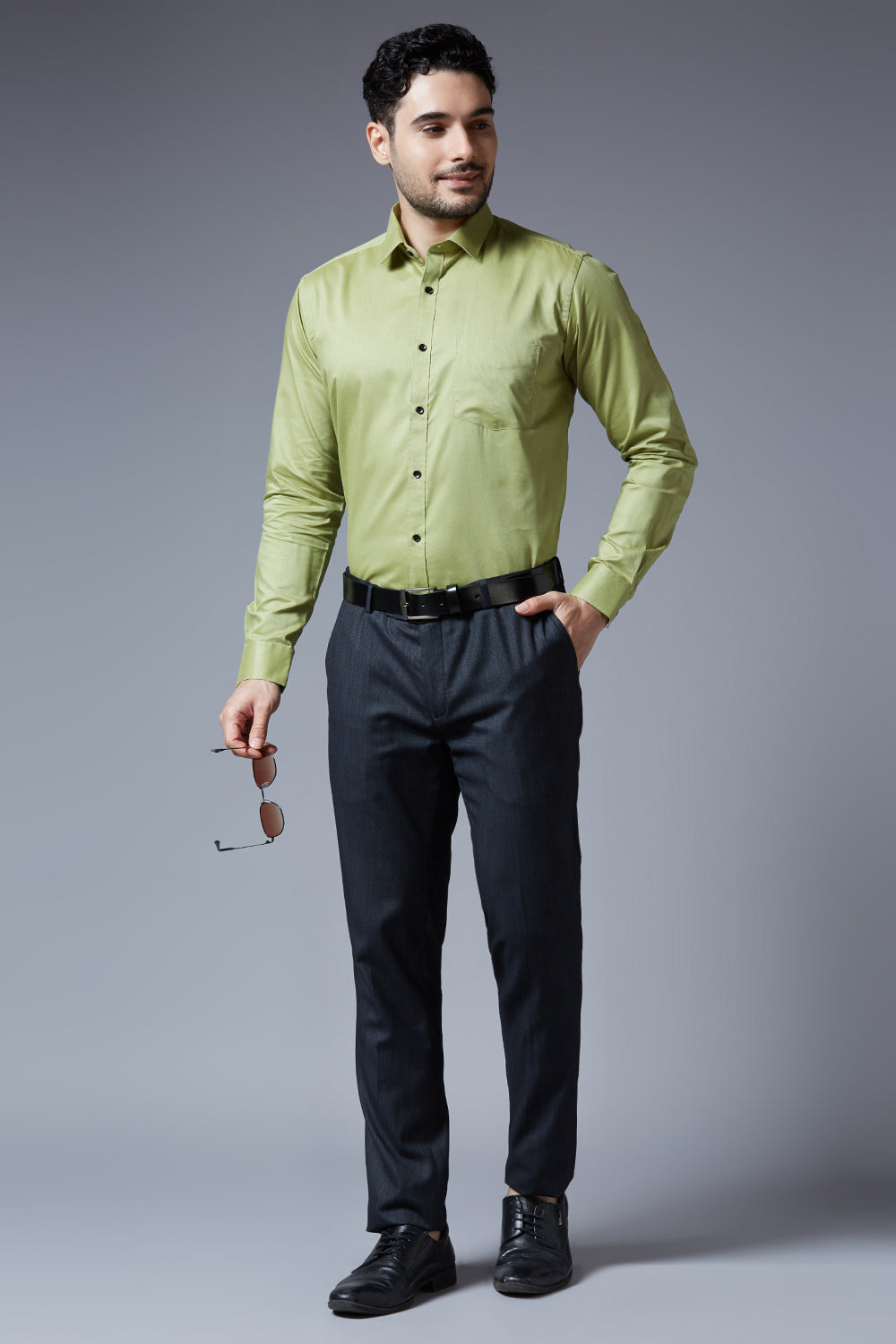 Men's Light Green Office Wear Long Sleeves Solid Shirt - Allen Brown