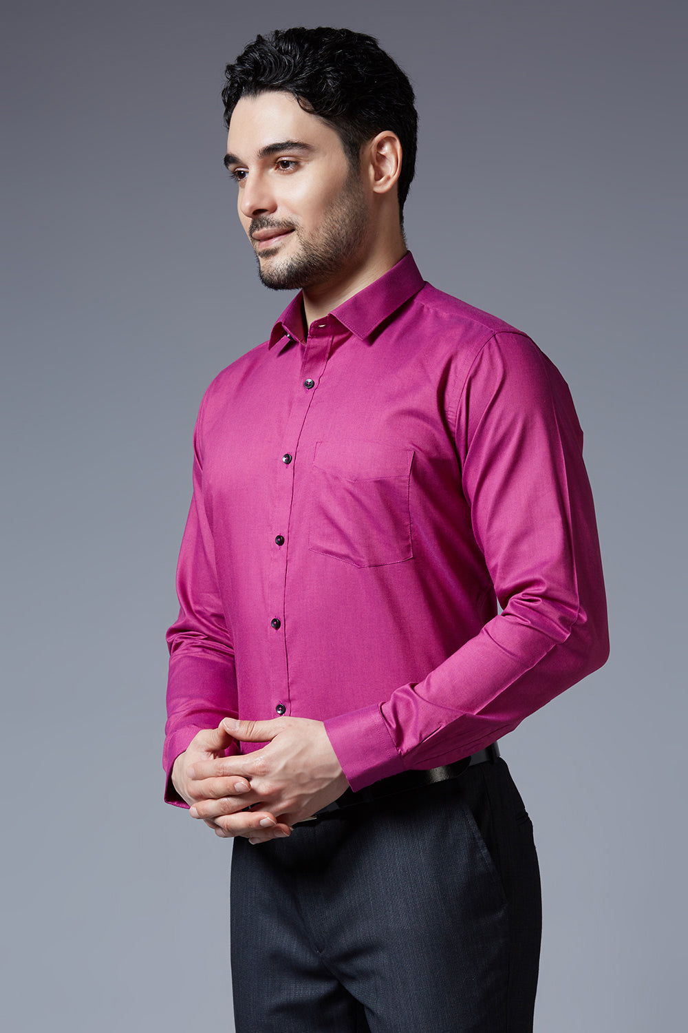 Men's Rani Pink Office Wear Long Sleeves Solid Shirt - Allen Brown