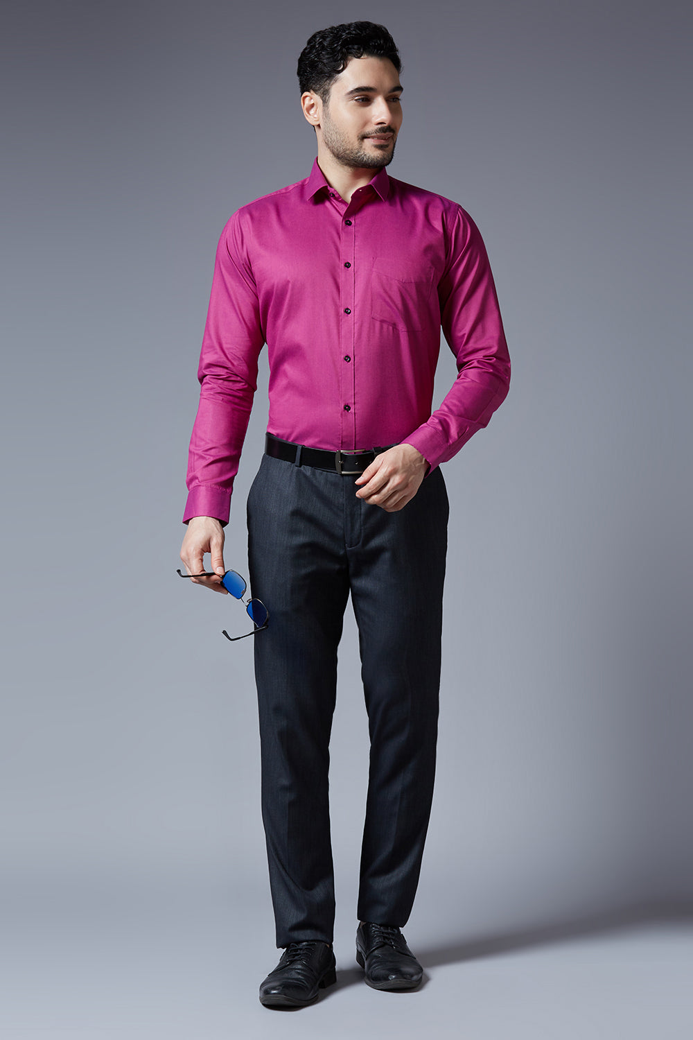 Men's Rani Pink Office Wear Long Sleeves Solid Shirt - Allen Brown