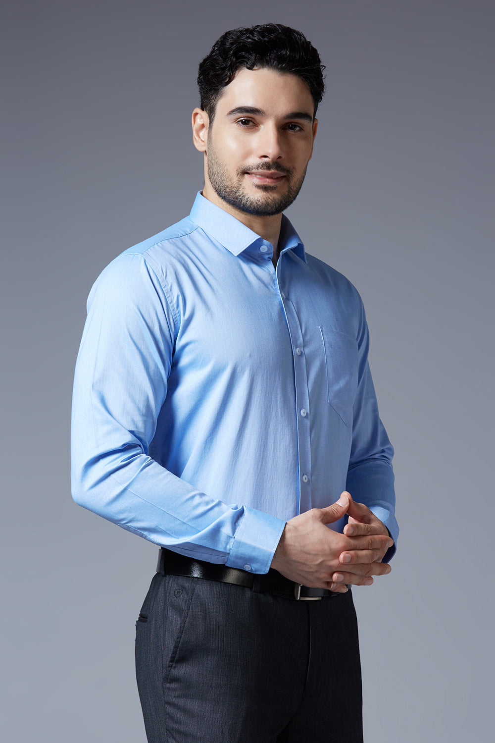 Men's Blue Office Wear Long Sleeves Solid Shirt - Allen Brown