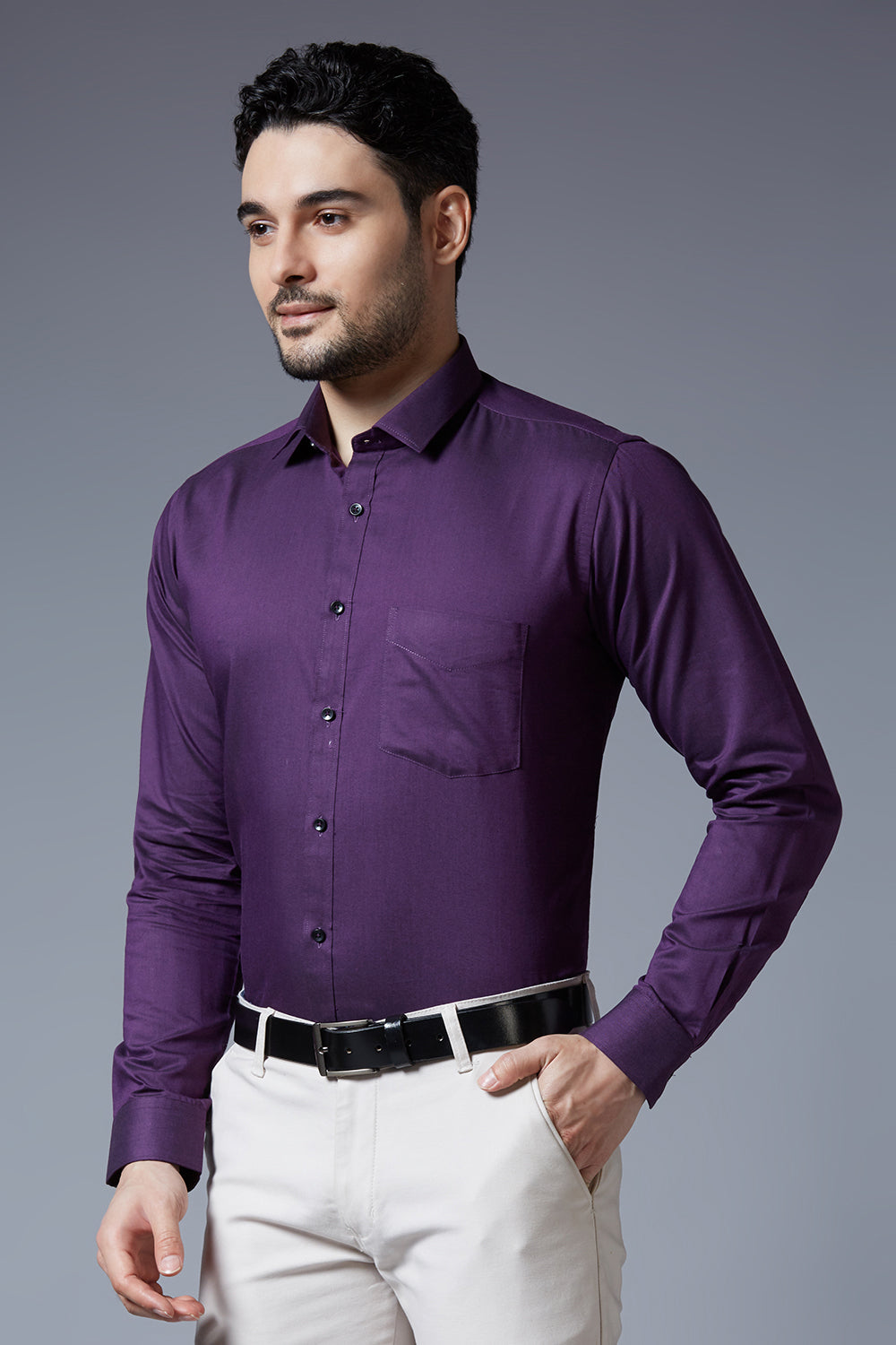 Men's Purple Office Wear Long Sleeves Solid Shirt - Allen Brown