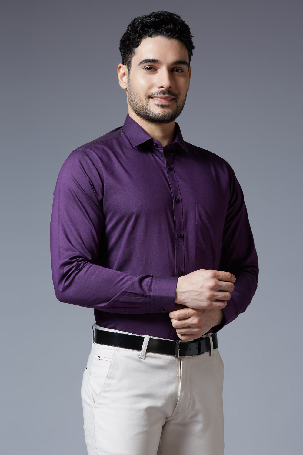 Men's Purple Office Wear Long Sleeves Solid Shirt - Allen Brown
