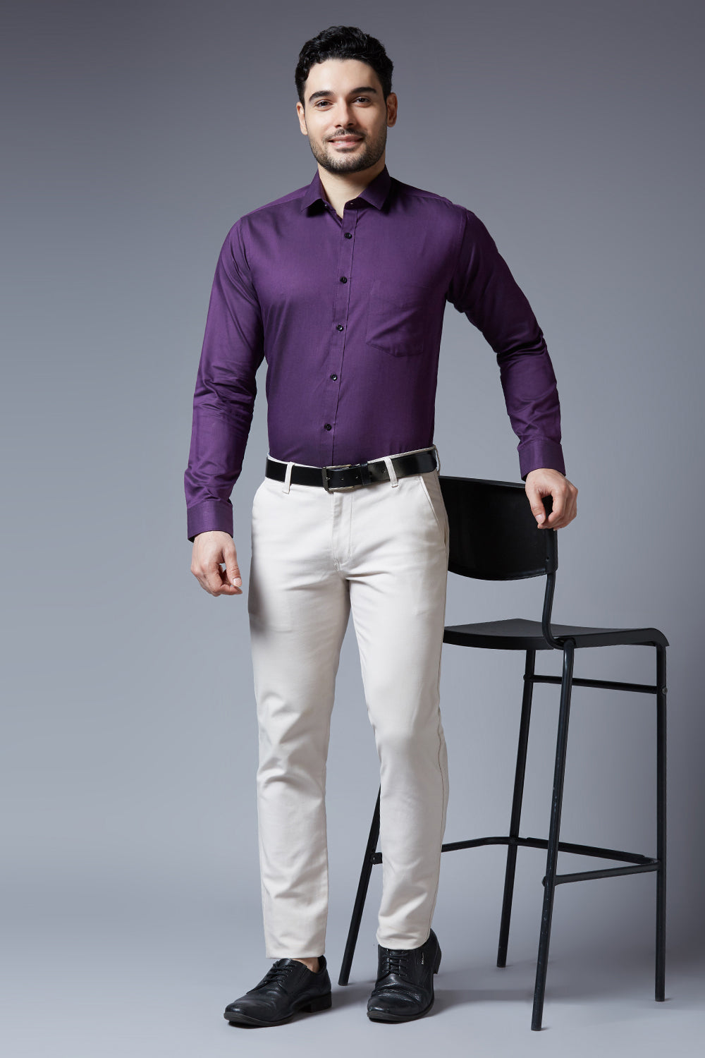 Men's Purple Office Wear Long Sleeves Solid Shirt - Allen Brown