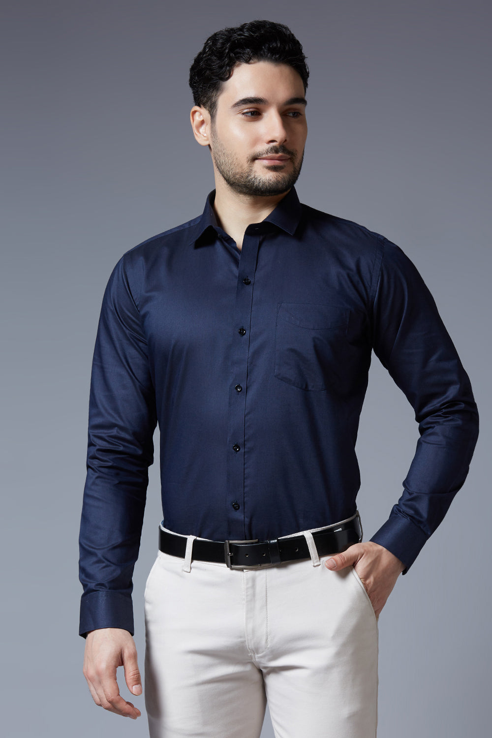 Men's Navy Blue Office Wear Long Sleeves Solid Shirt - Allen Brown