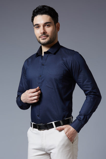 Men's Navy Blue Office Wear Long Sleeves Solid Shirt - Allen Brown