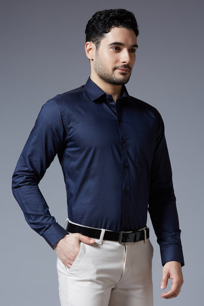 Men's Navy Blue Office Wear Long Sleeves Solid Shirt - Allen Brown