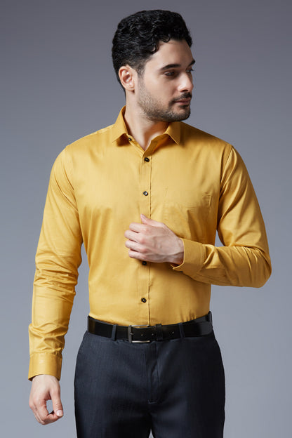 Men's Mustard Office Wear Long Sleeves Solid Shirt - Allen Brown