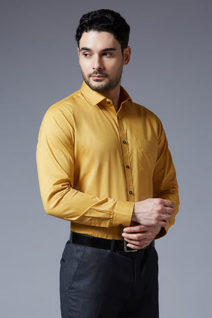 Men's Mustard Office Wear Long Sleeves Solid Shirt - Allen Brown