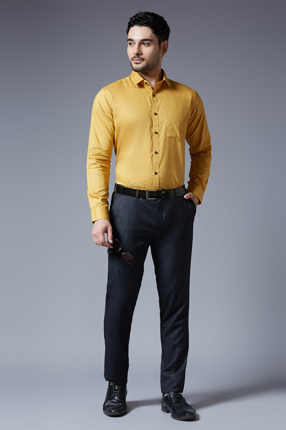 Men's Mustard Office Wear Long Sleeves Solid Shirt - Allen Brown