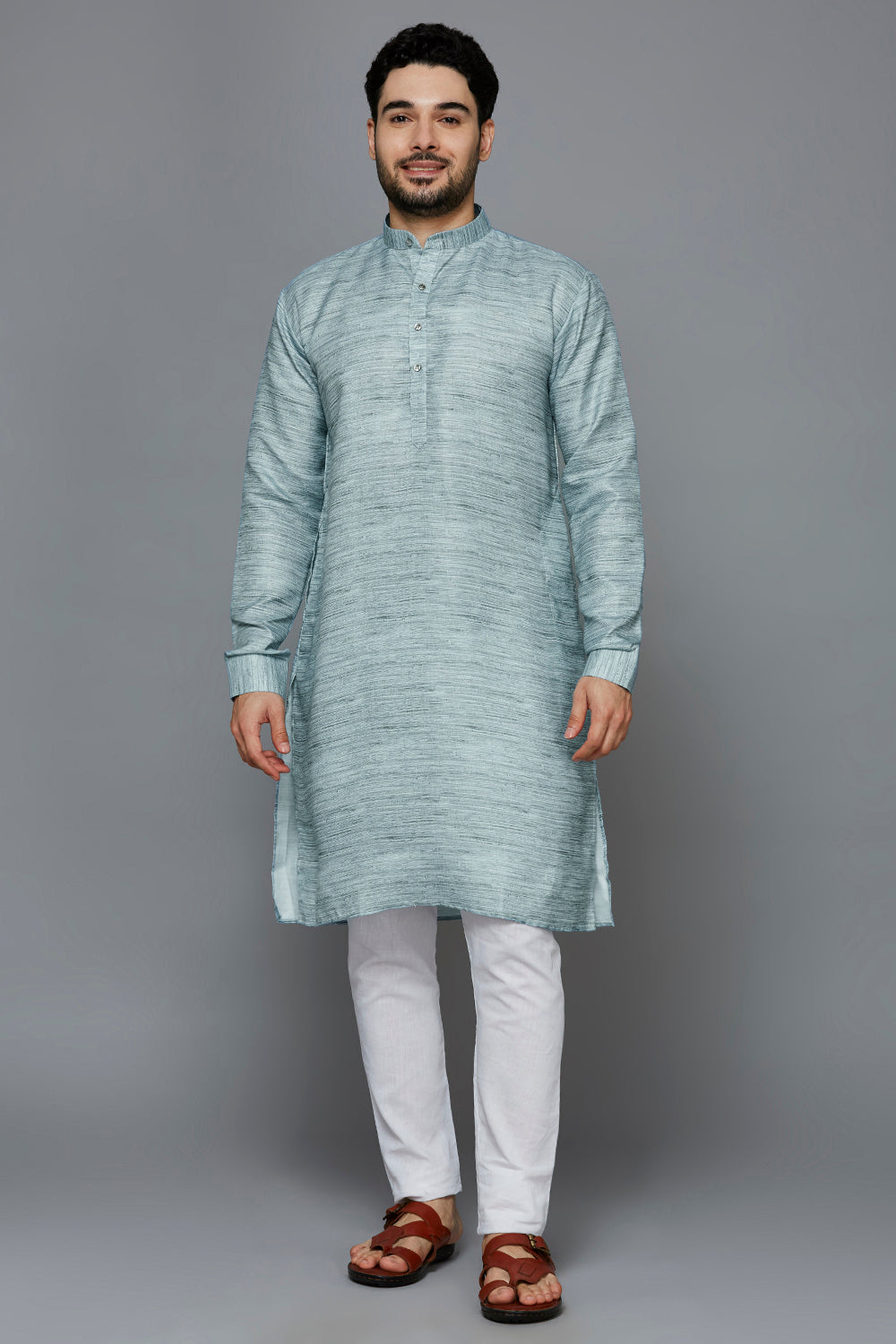 KOMPANION Men's Cotton Kurta Light Blue