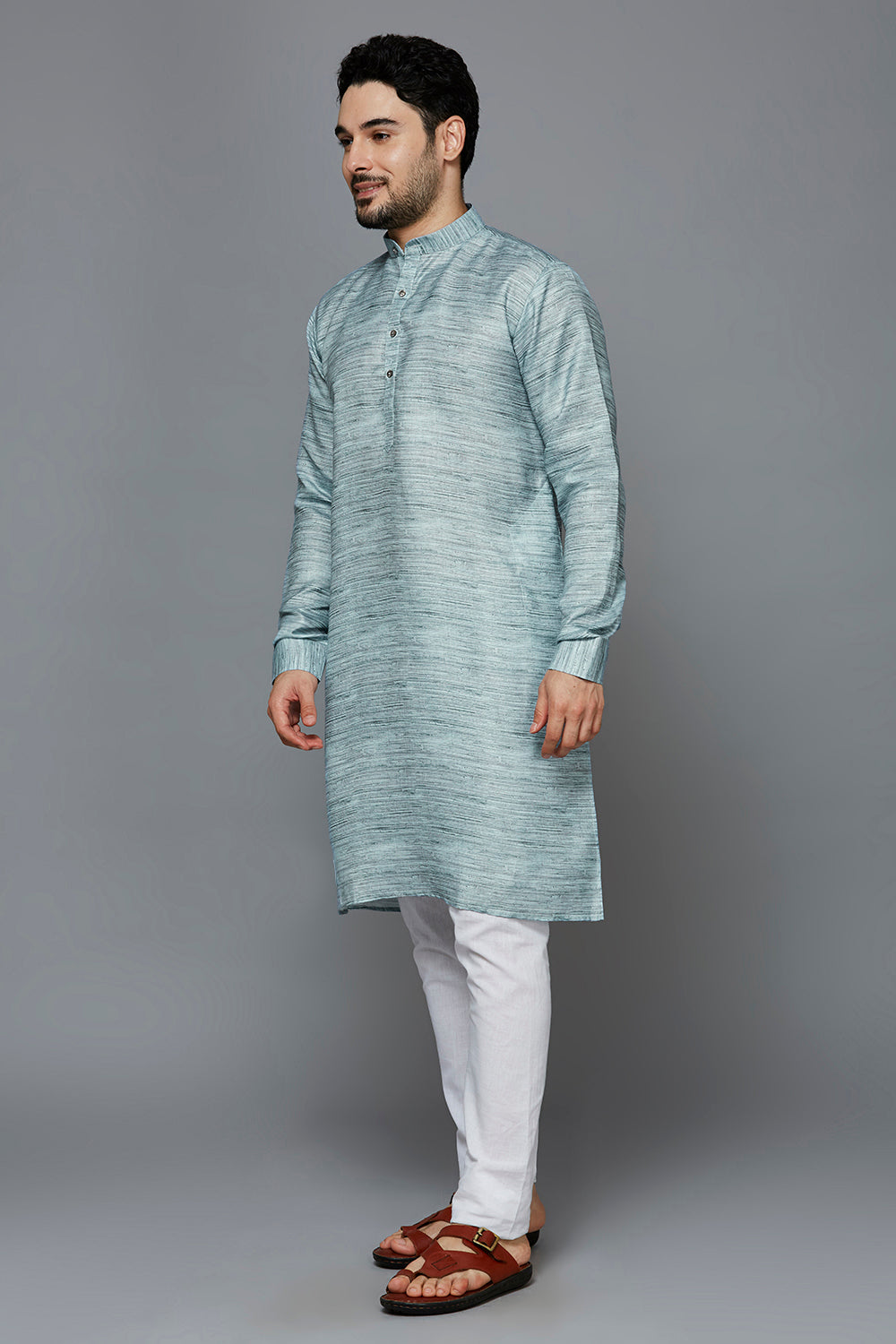 KOMPANION Men's Cotton Kurta Light Blue