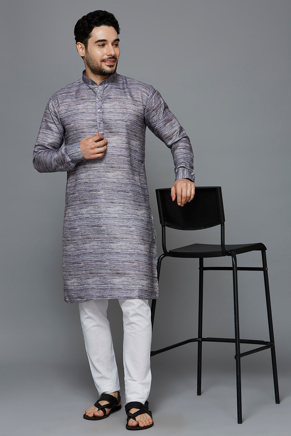 KOMPANION Men's Cotton Kurta Dark Grey