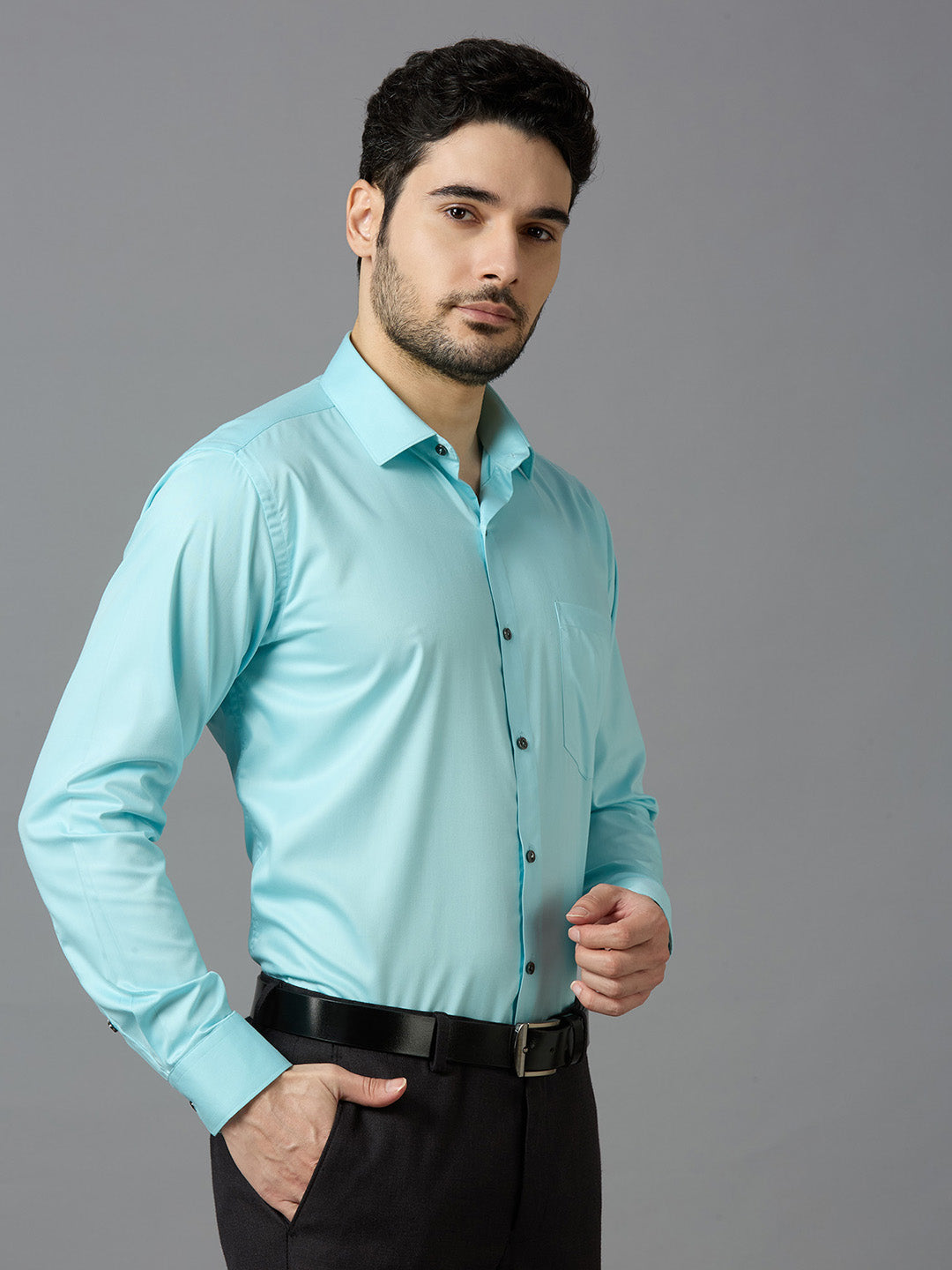 Sky Blue Elegant Office Wear Shirt for Men | Allen Brown Satin