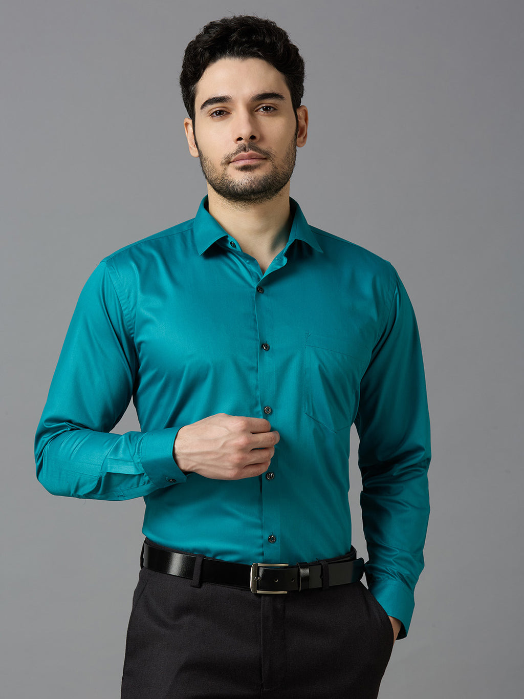 Teal Blue Elegant Office Wear Shirt for Men | Allen Brown Satin