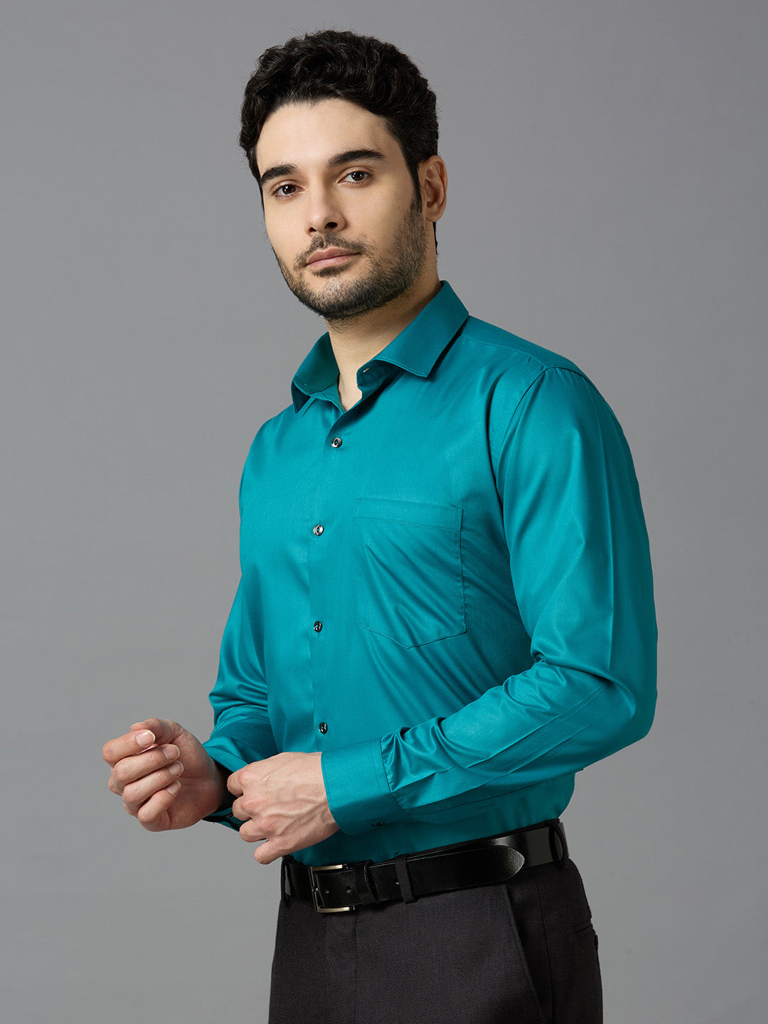 Teal Blue Elegant Office Wear Shirt for Men | Allen Brown Satin