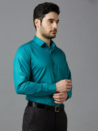 Teal Blue Elegant Office Wear Shirt for Men | Allen Brown Satin