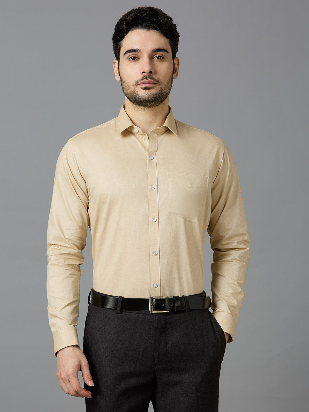 Men's Fawn Plain Office Wear Long Sleeves Solid Shirt - Allen Brown