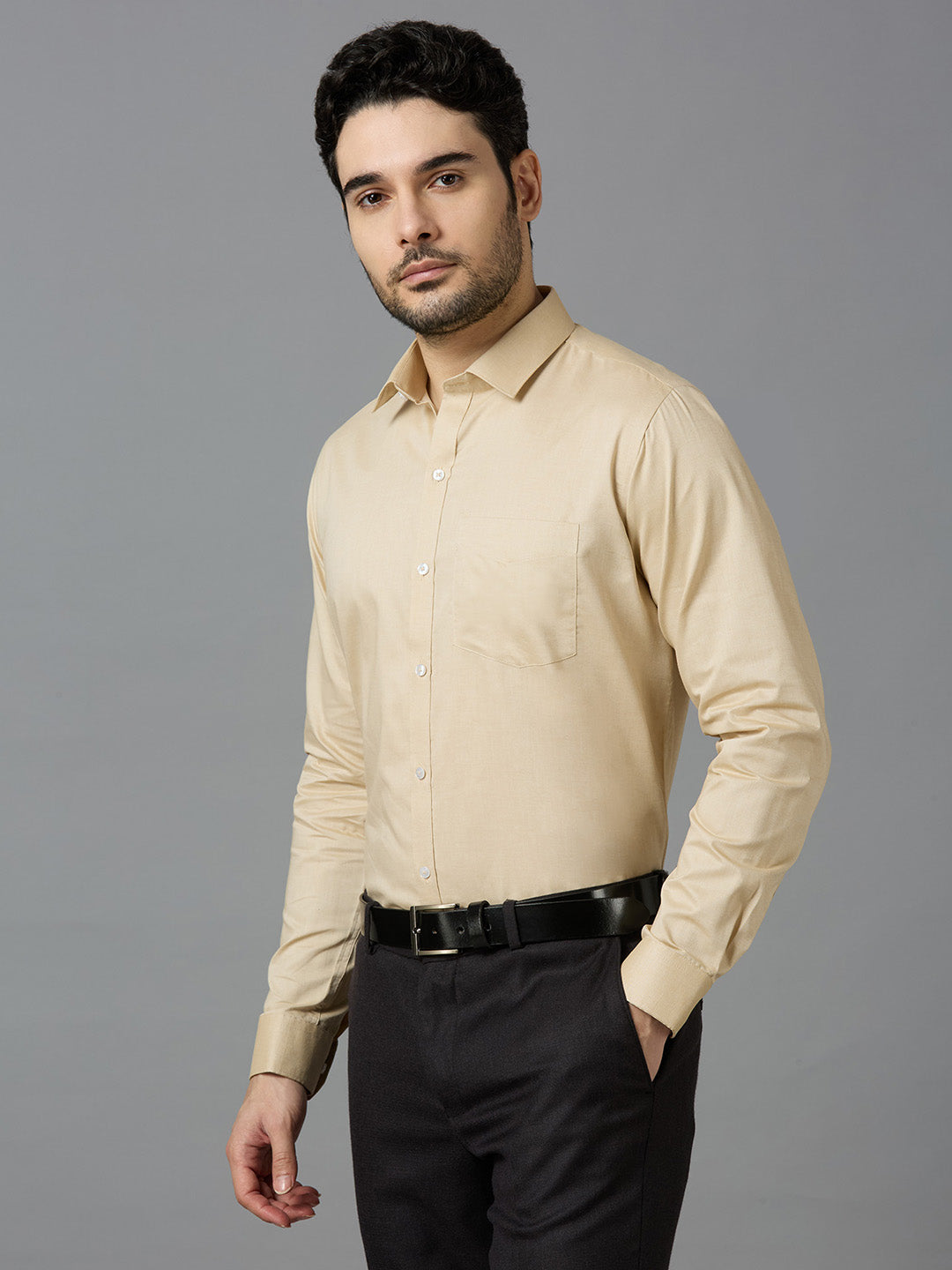 Men's Fawn Plain Office Wear Long Sleeves Solid Shirt - Allen Brown