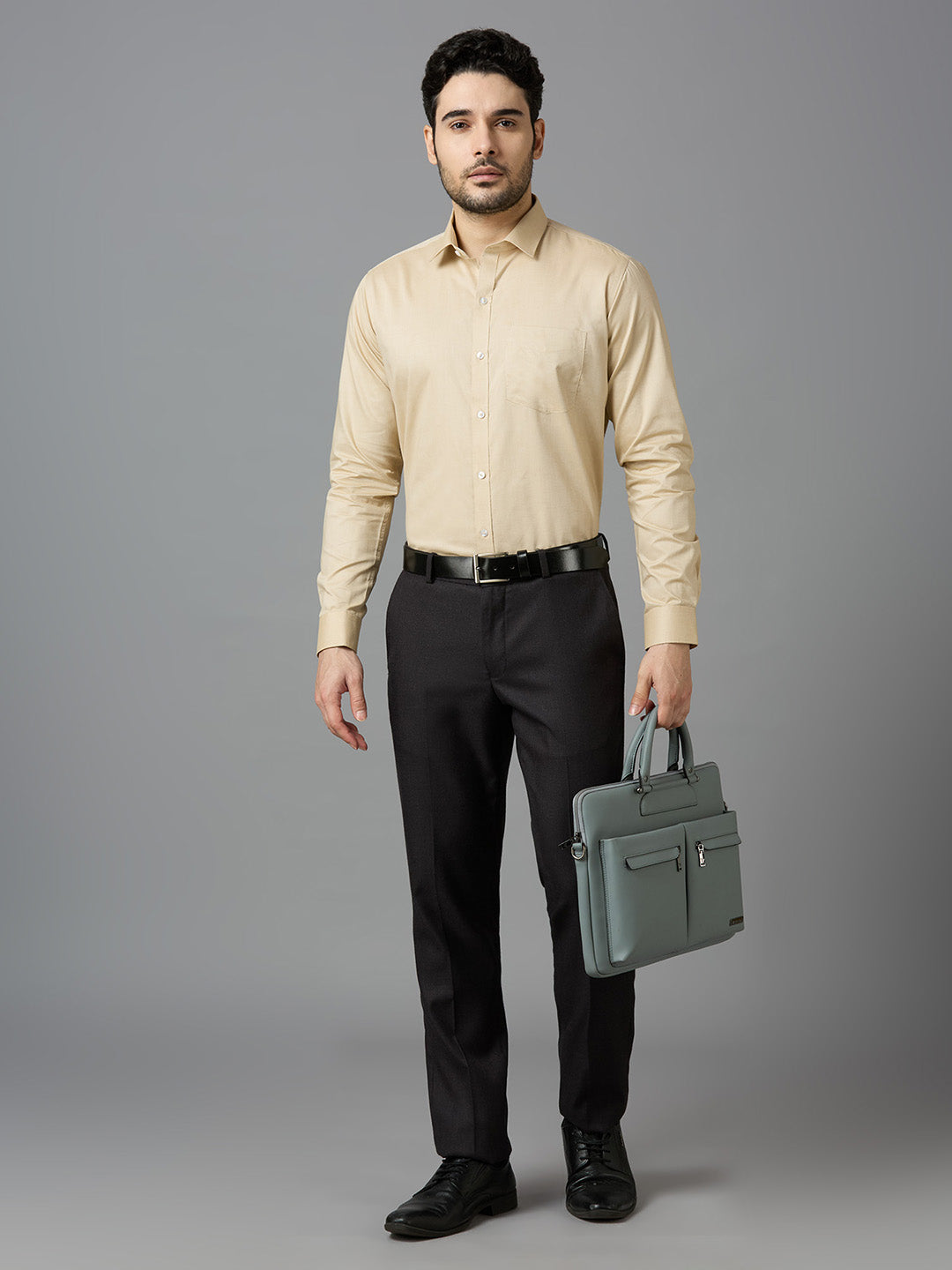 Men's Fawn Plain Office Wear Long Sleeves Solid Shirt - Allen Brown