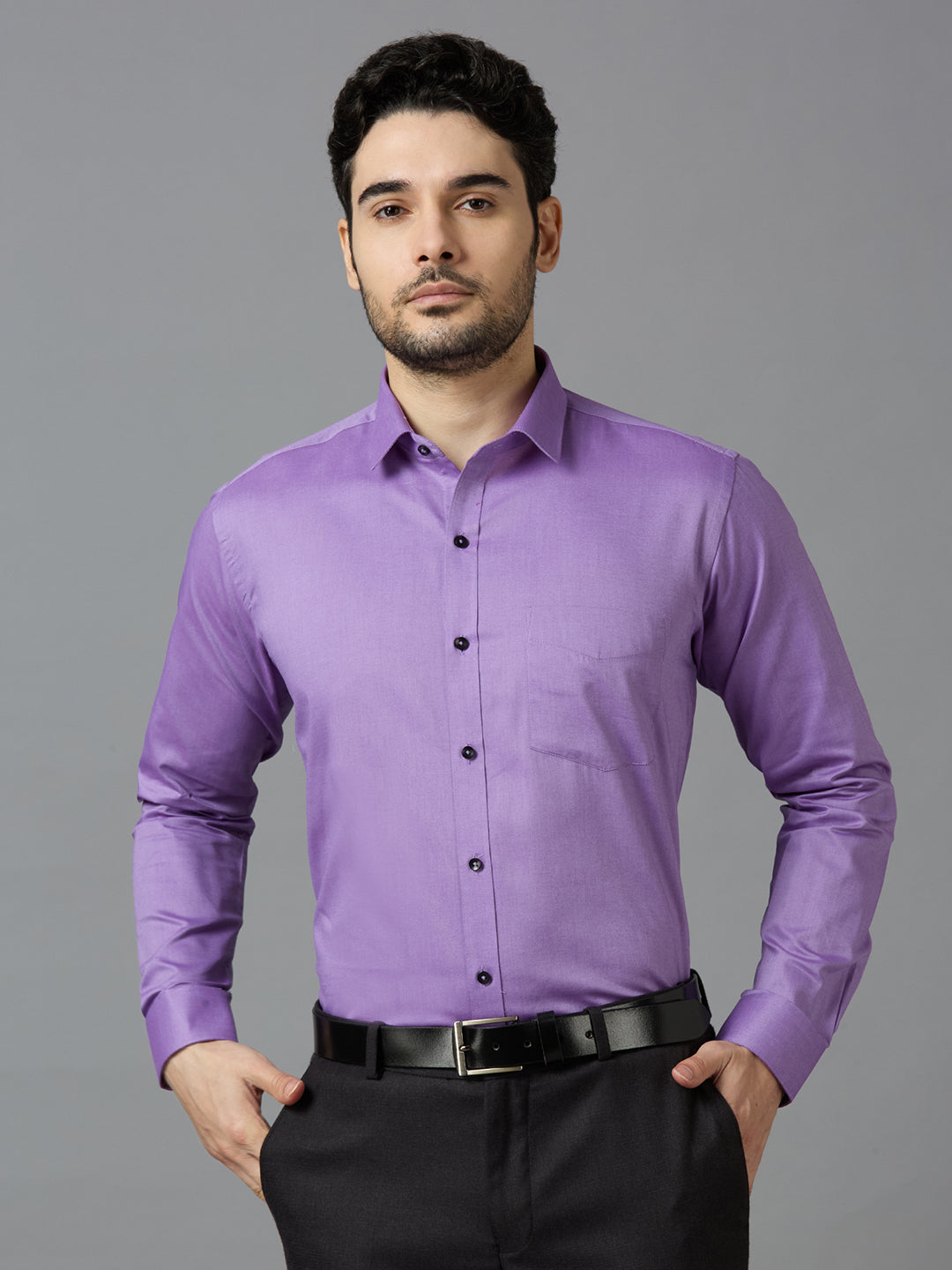 Men's Purple Plain Office Wear Long Sleeves Solid Shirt - Allen Brown