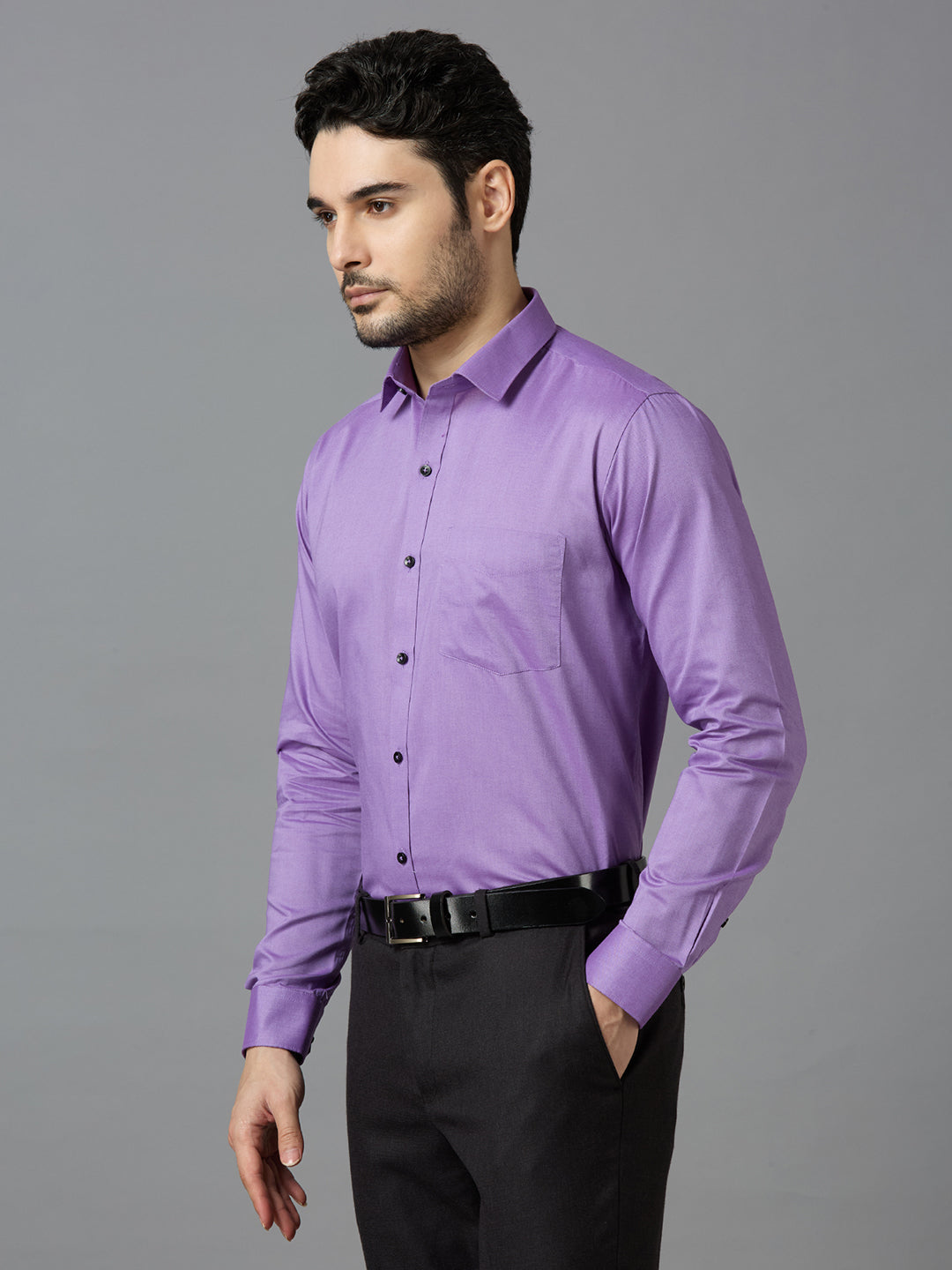 Men's Purple Plain Office Wear Long Sleeves Solid Shirt - Allen Brown