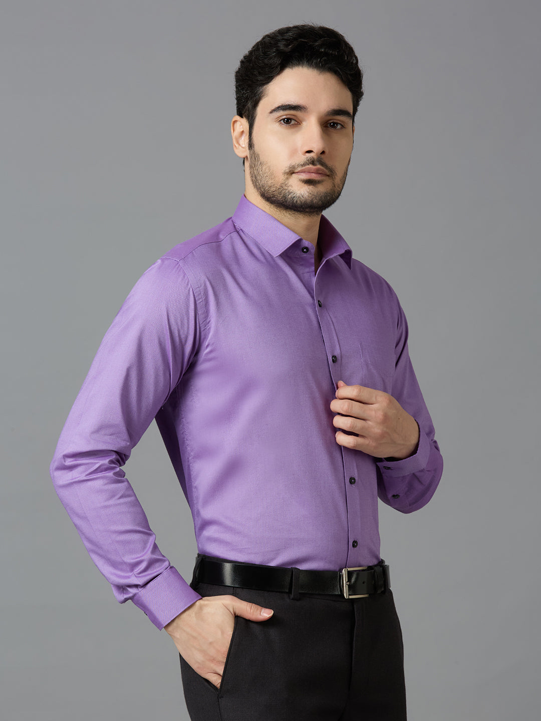 Men's Purple Plain Office Wear Long Sleeves Solid Shirt - Allen Brown