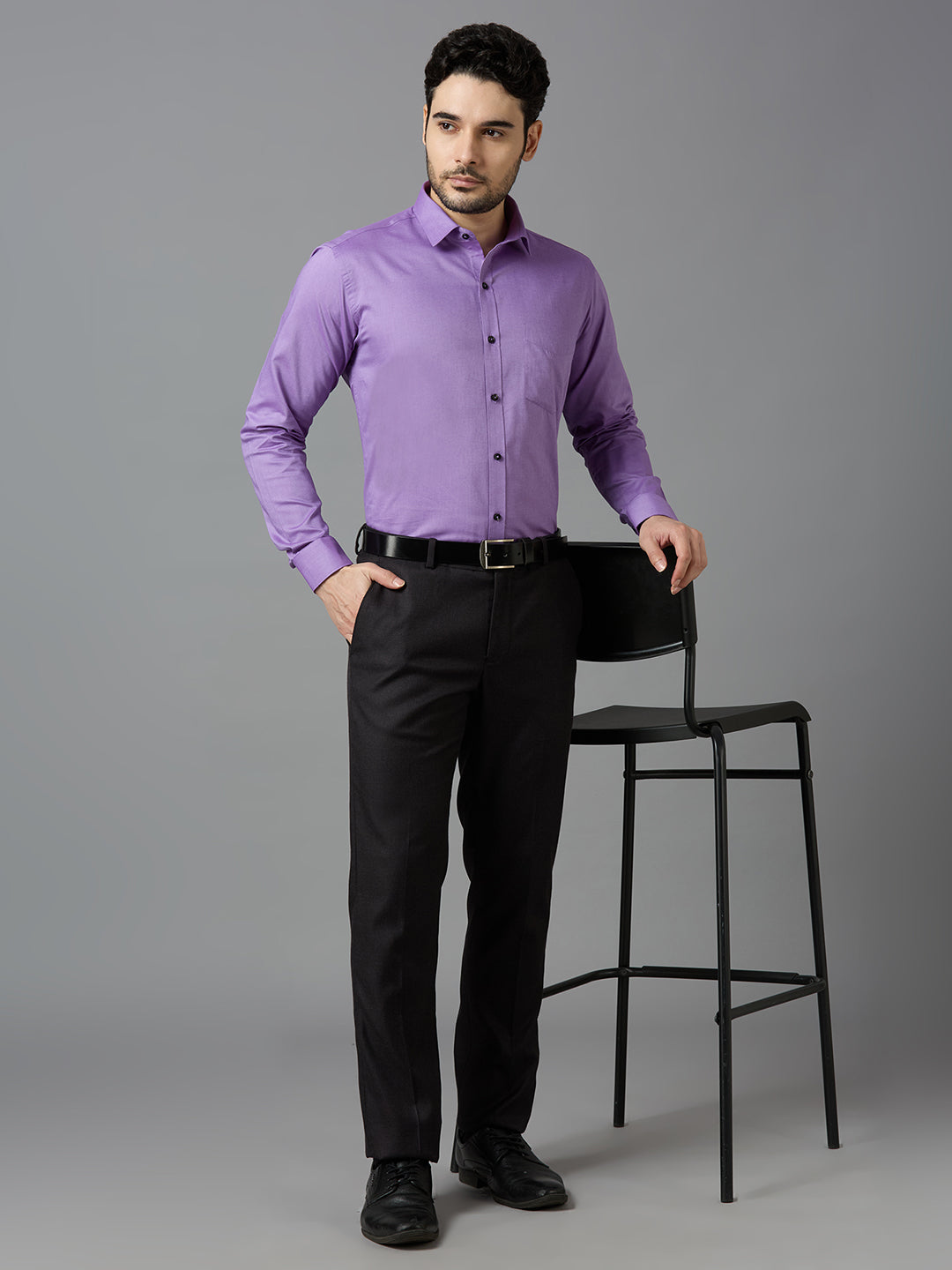 Men's Purple Plain Office Wear Long Sleeves Solid Shirt - Allen Brown