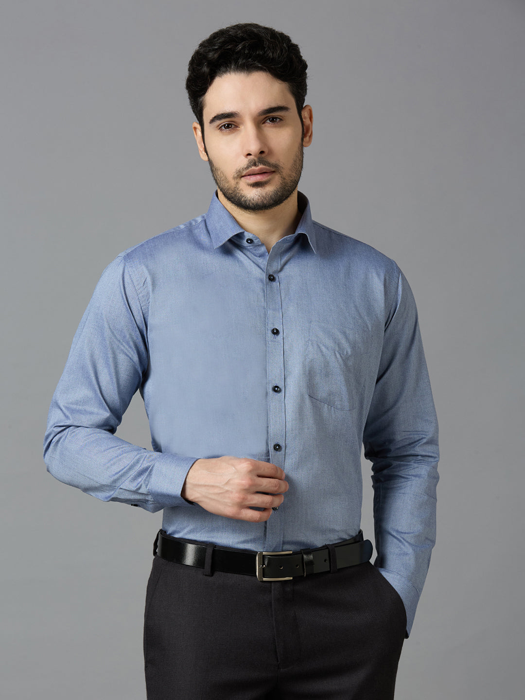 Men's AshGrey Plain Office Wear Long Sleeves Solid Shirt - Allen Brown