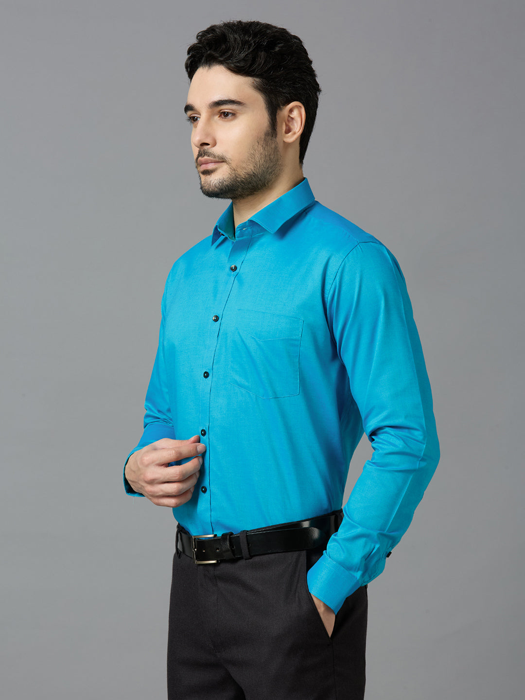 Men's Blue Plain Office Wear Long Sleeves Solid Shirt - Allen Brown