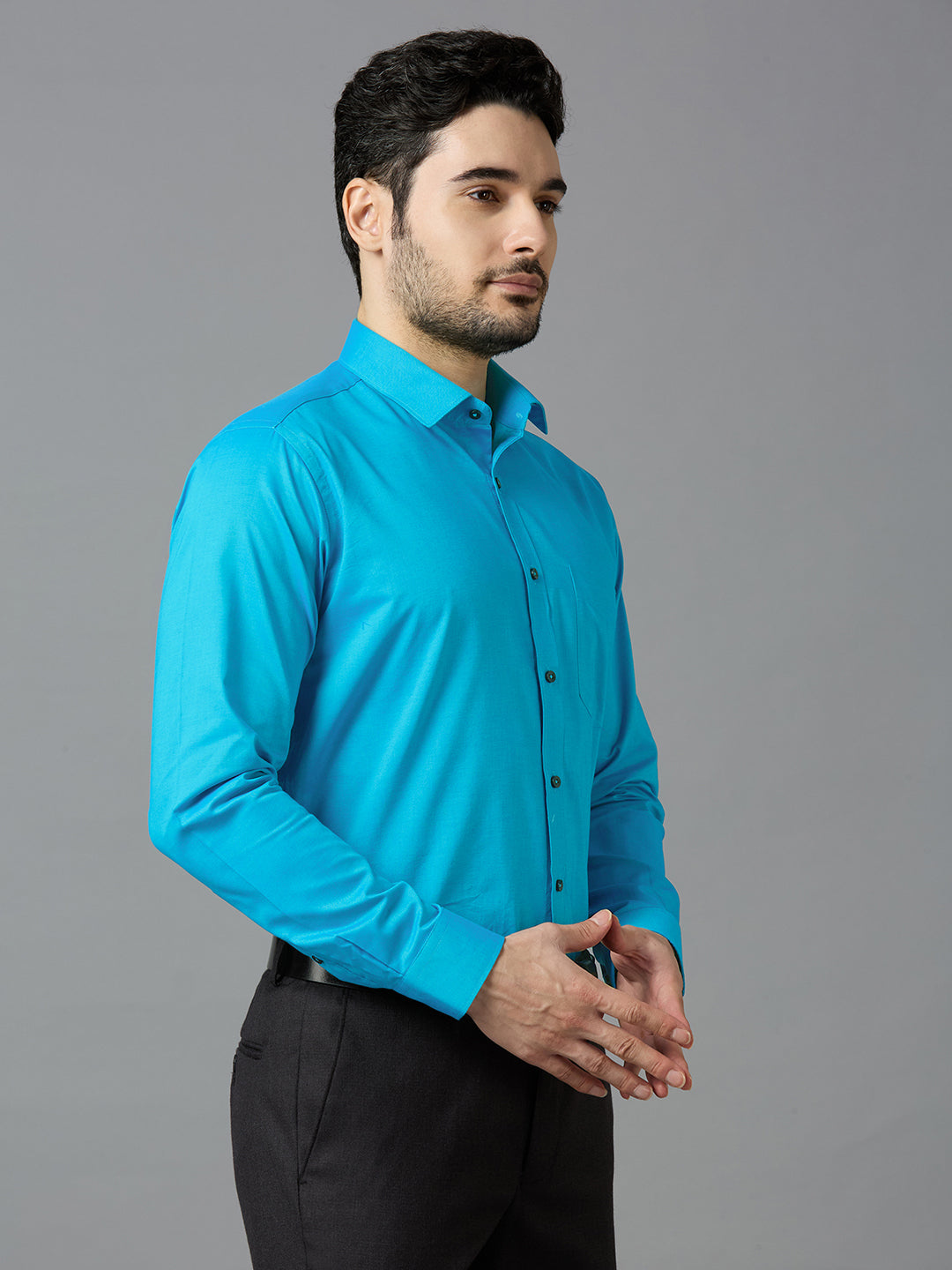 Men's Blue Plain Office Wear Long Sleeves Solid Shirt - Allen Brown