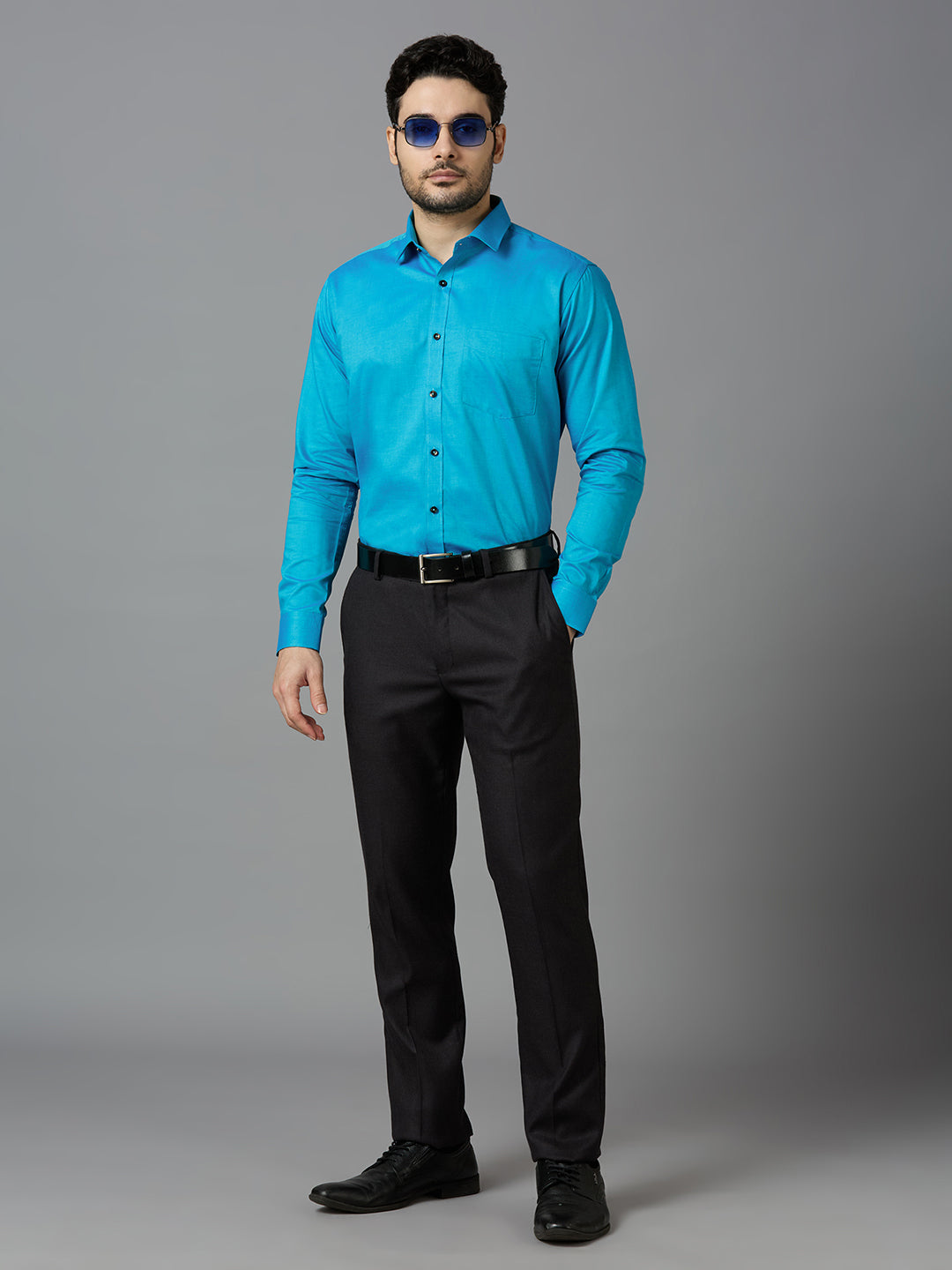 Men's Blue Plain Office Wear Long Sleeves Solid Shirt - Allen Brown