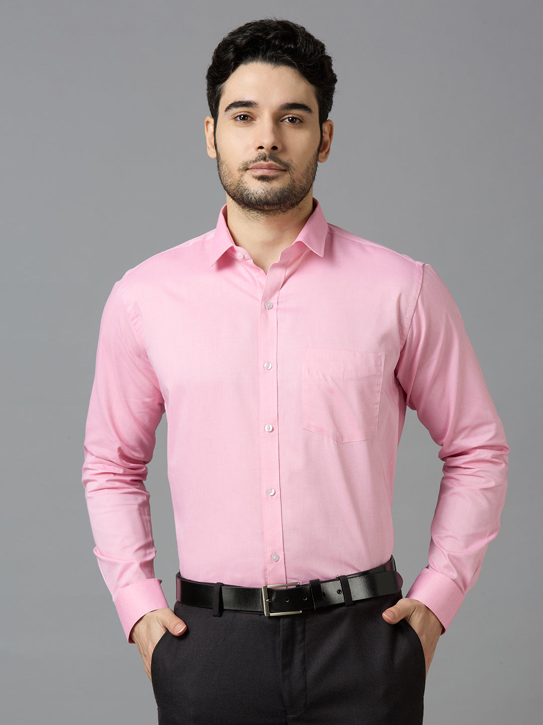 Men's Pink Plain Office Wear Long Sleeves Solid Shirt - Allen Brown