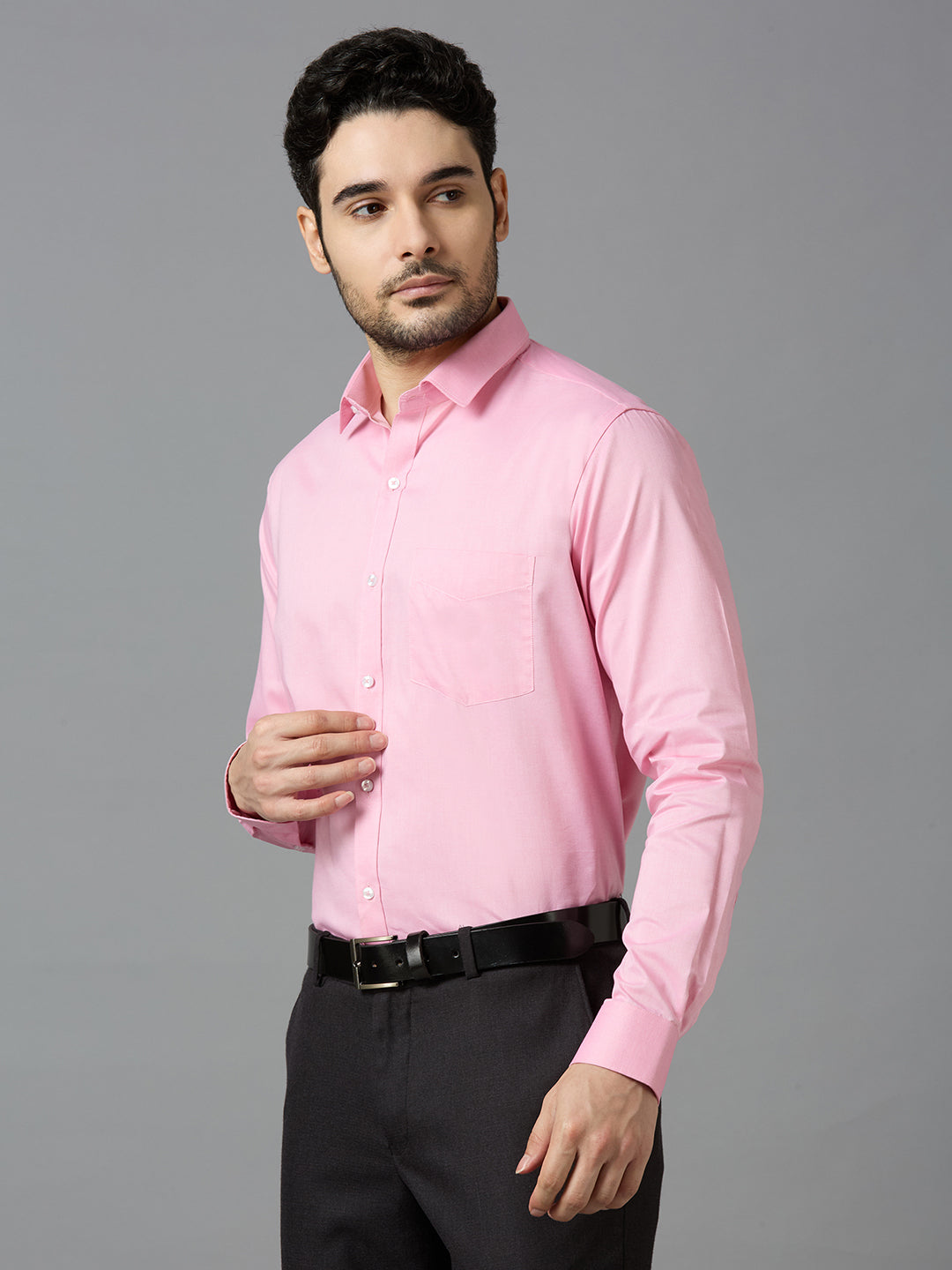 Men's Pink Plain Office Wear Long Sleeves Solid Shirt - Allen Brown