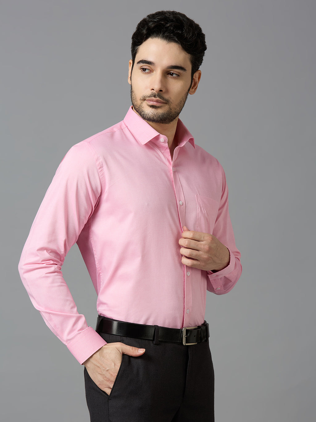Men's Pink Plain Office Wear Long Sleeves Solid Shirt - Allen Brown