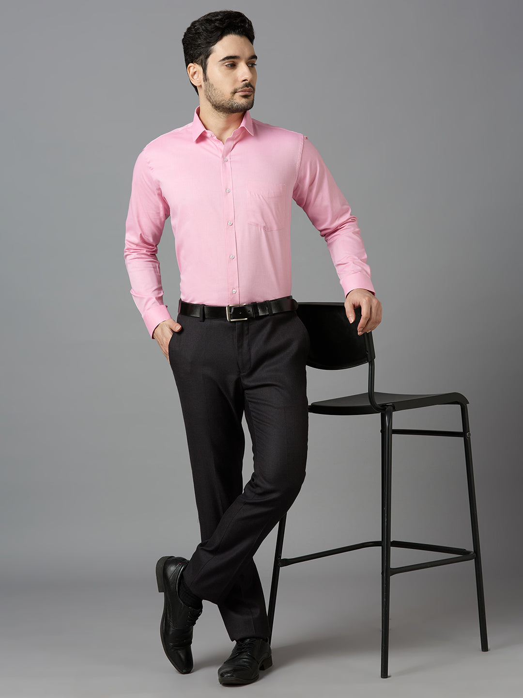 Men's Pink Plain Office Wear Long Sleeves Solid Shirt - Allen Brown