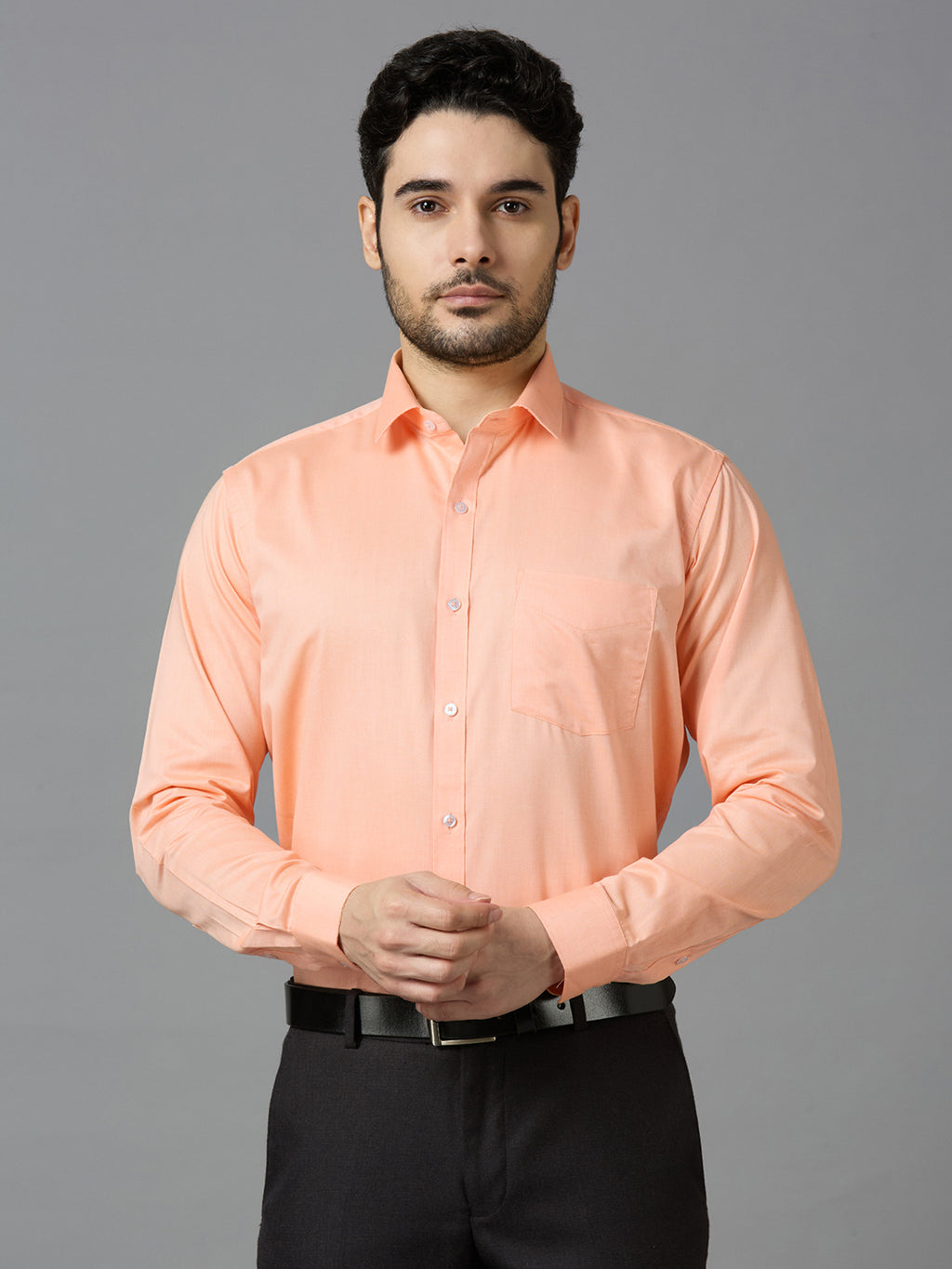 Men's Peach Plain Office Wear Long Sleeves Solid Shirt - Allen Brown