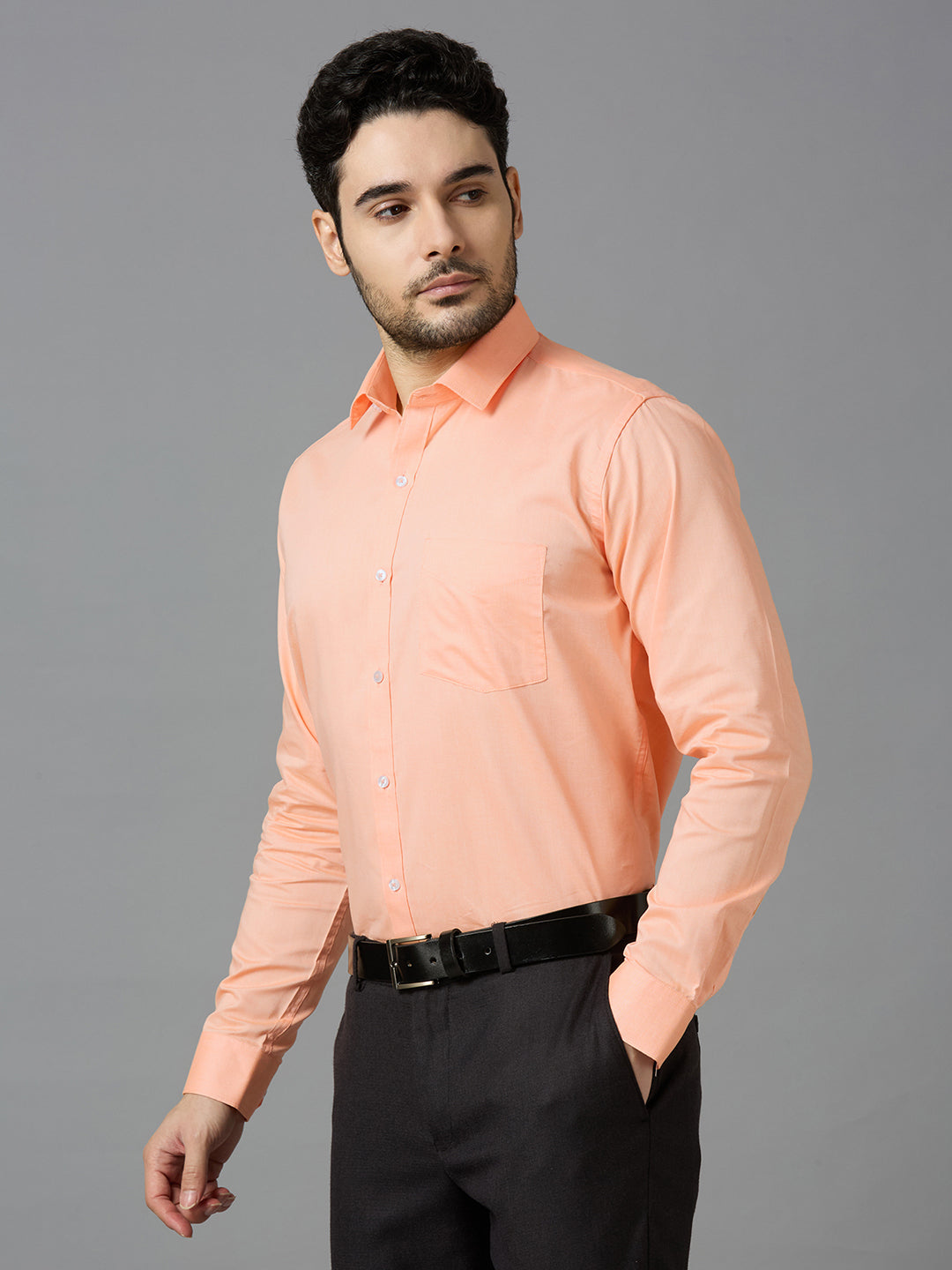 Men's Peach Plain Office Wear Long Sleeves Solid Shirt - Allen Brown
