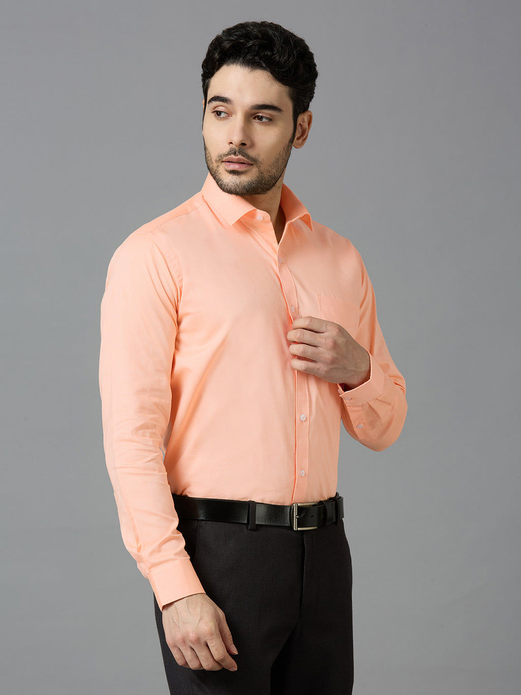 Men's Peach Plain Office Wear Long Sleeves Solid Shirt - Allen Brown