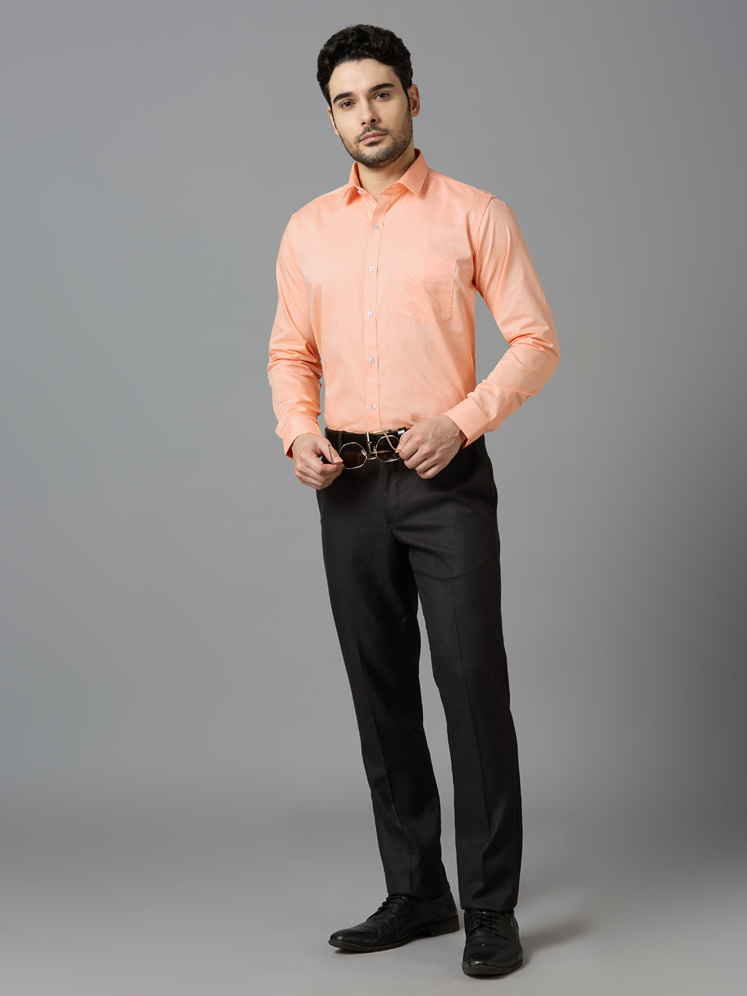 Men's Peach Plain Office Wear Long Sleeves Solid Shirt - Allen Brown