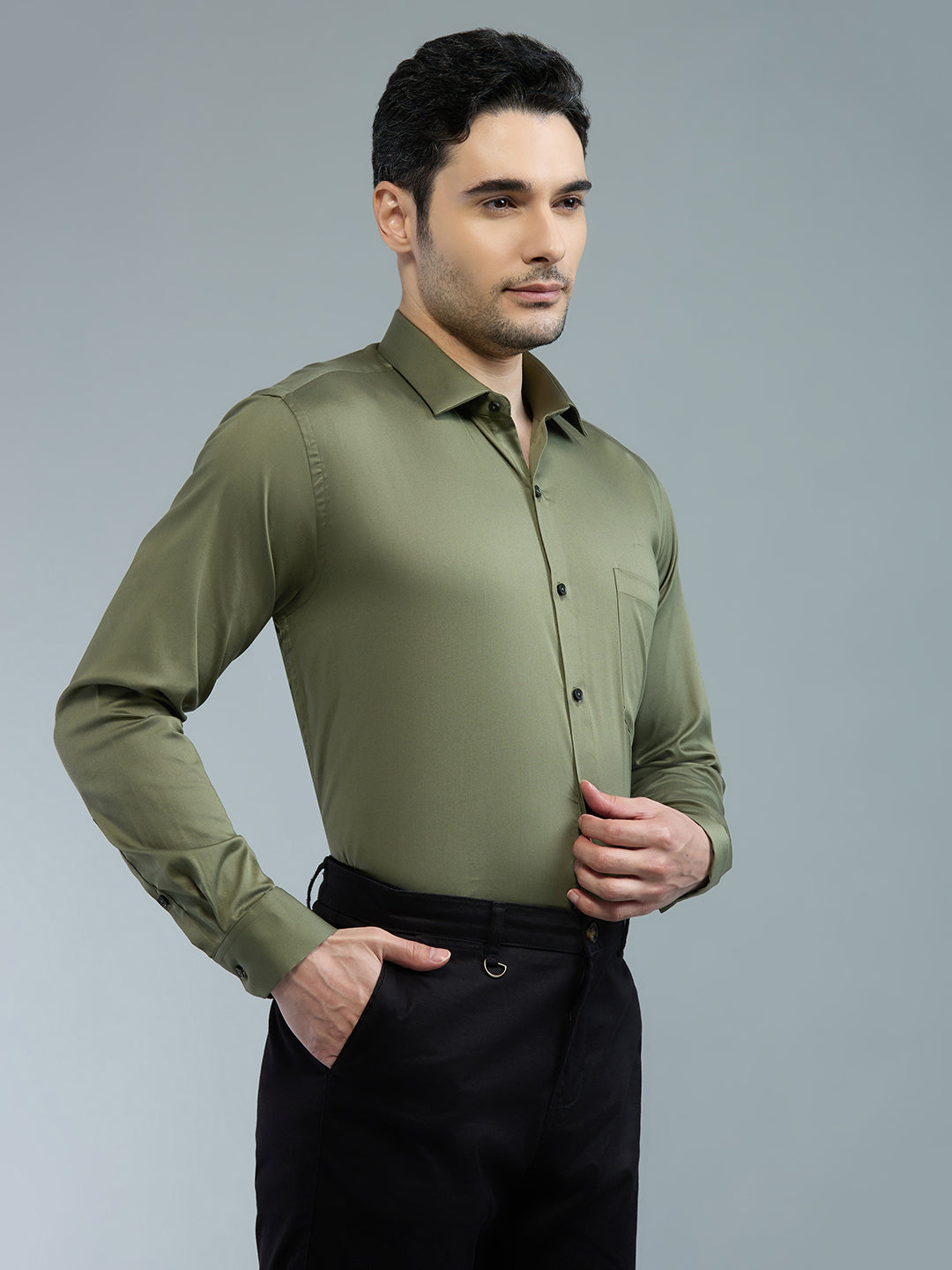 Mehendi Green - Kompanion Men's Solid Shirt | Lycra