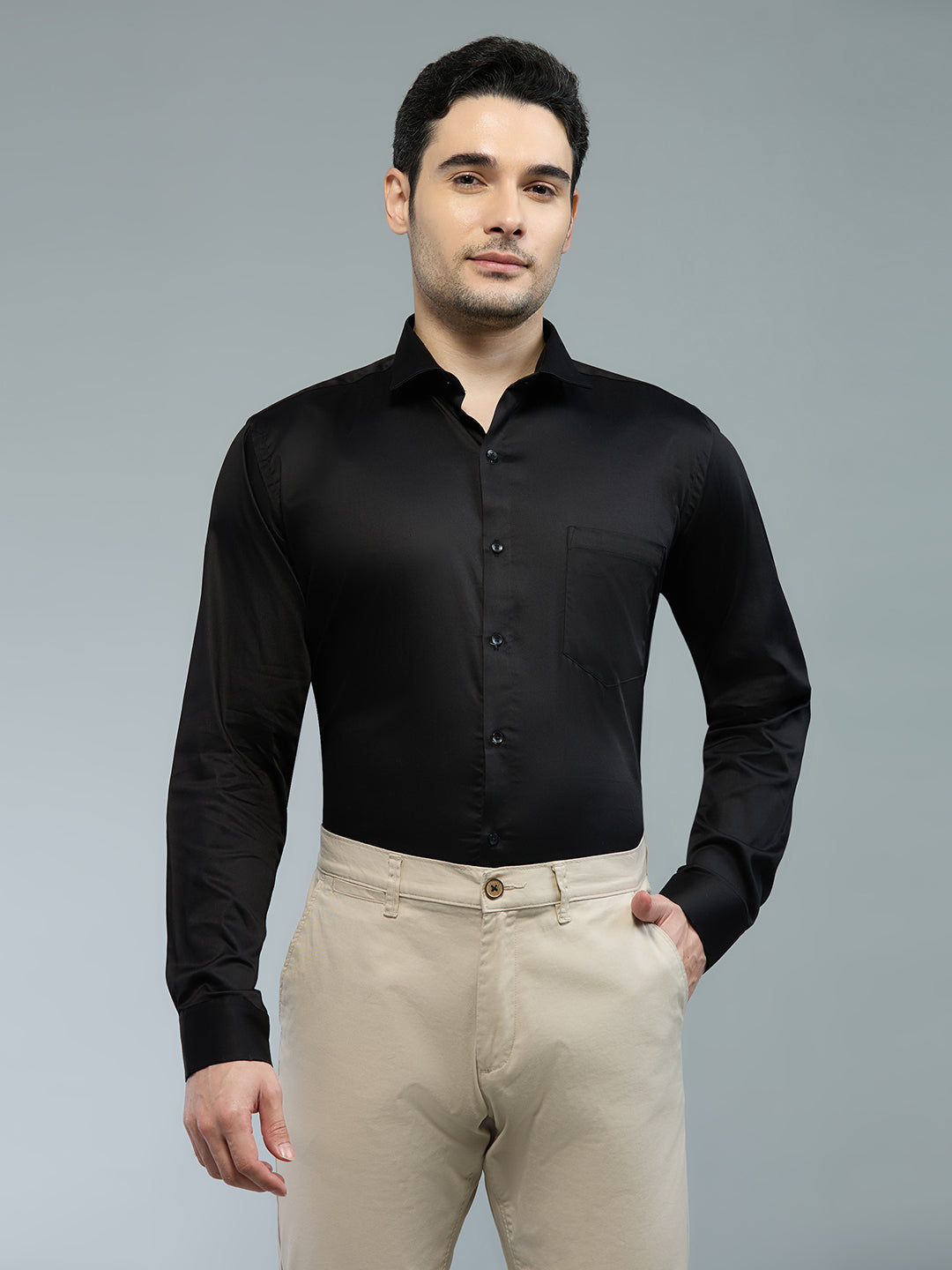 Plain Black - Kompanion Men's Solid Shirt | Lycra