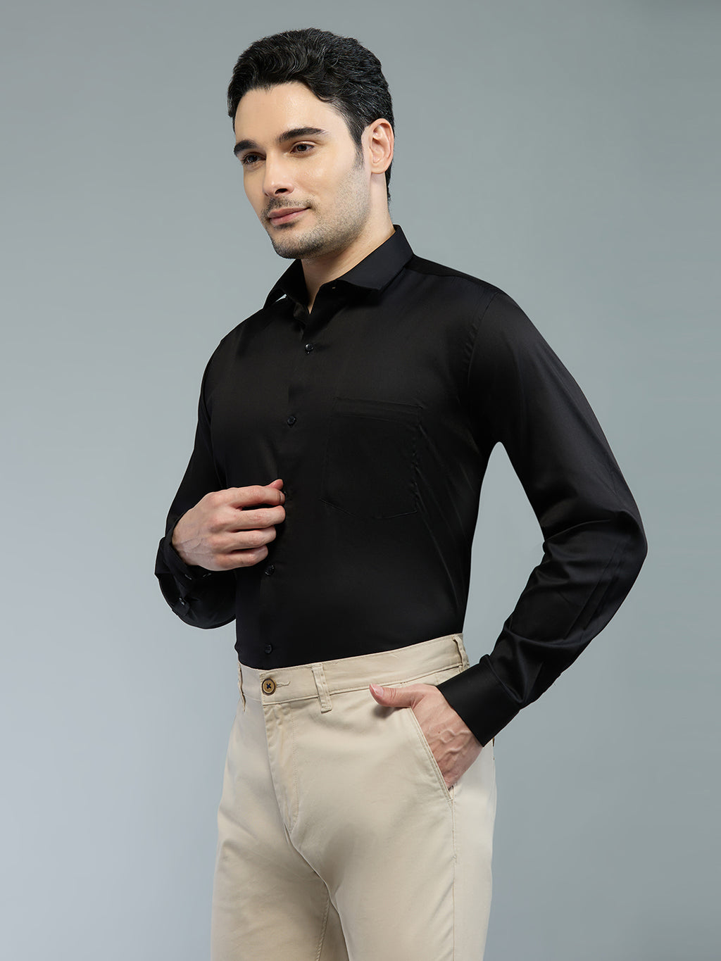Plain Black - Kompanion Men's Solid Shirt | Lycra