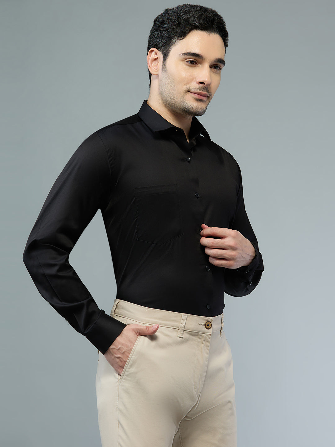 Plain Black - Kompanion Men's Solid Shirt | Lycra